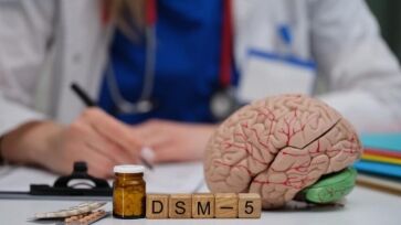 A dedicated medical professional writing detailed notes with DSM5, a brain model, and medication options